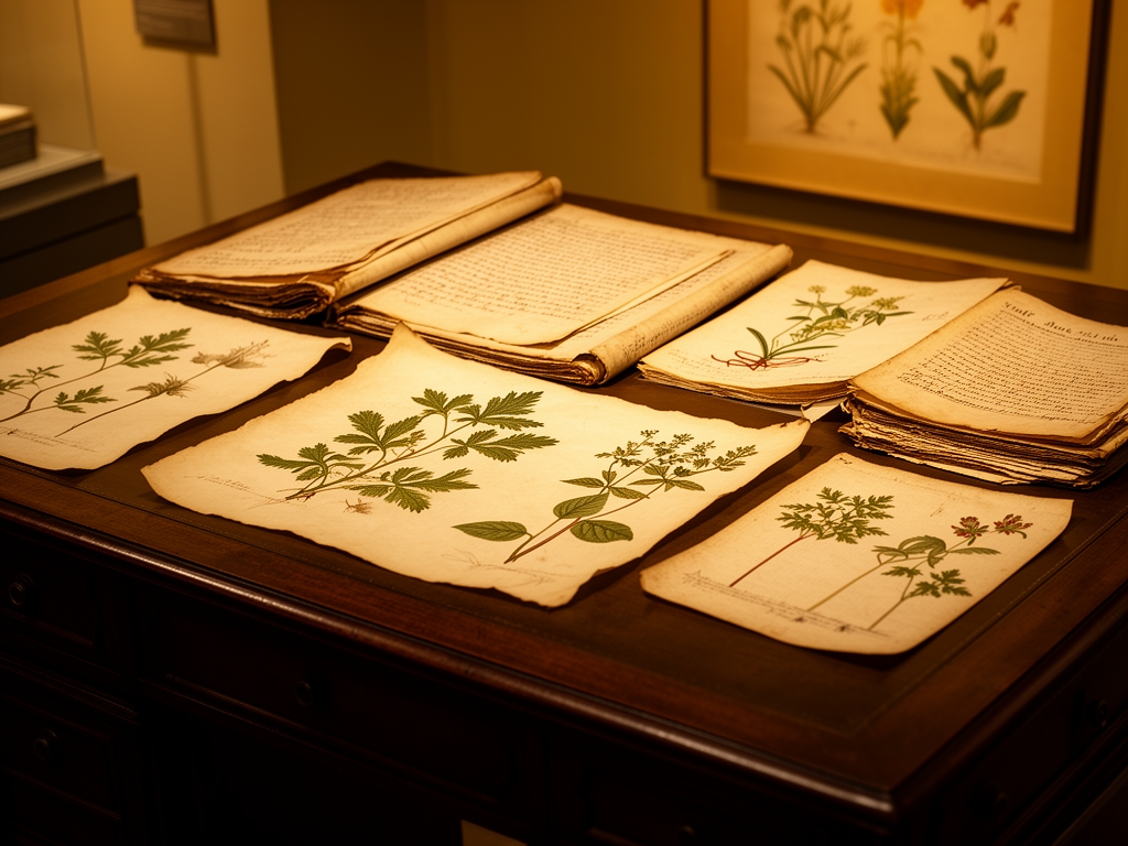 Samling av gamla botaniska handskrifter och växtillustrationer på pergament, upplagda på ett mörkt trämöbelbord i museibelysning med varma guldiga toner