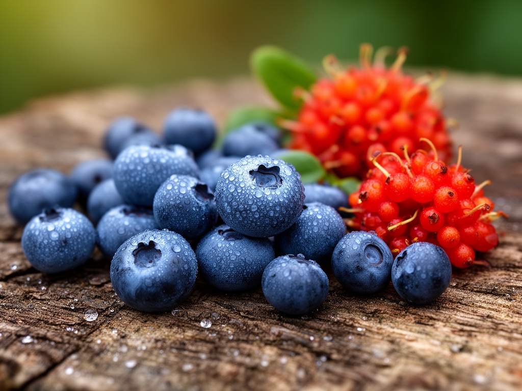 Makrofotografi av fräscha blåbär, nypon och tranbär på en naturlig träyta med dagg och grunt skärpedjup som betonar fruktens naturliga textur