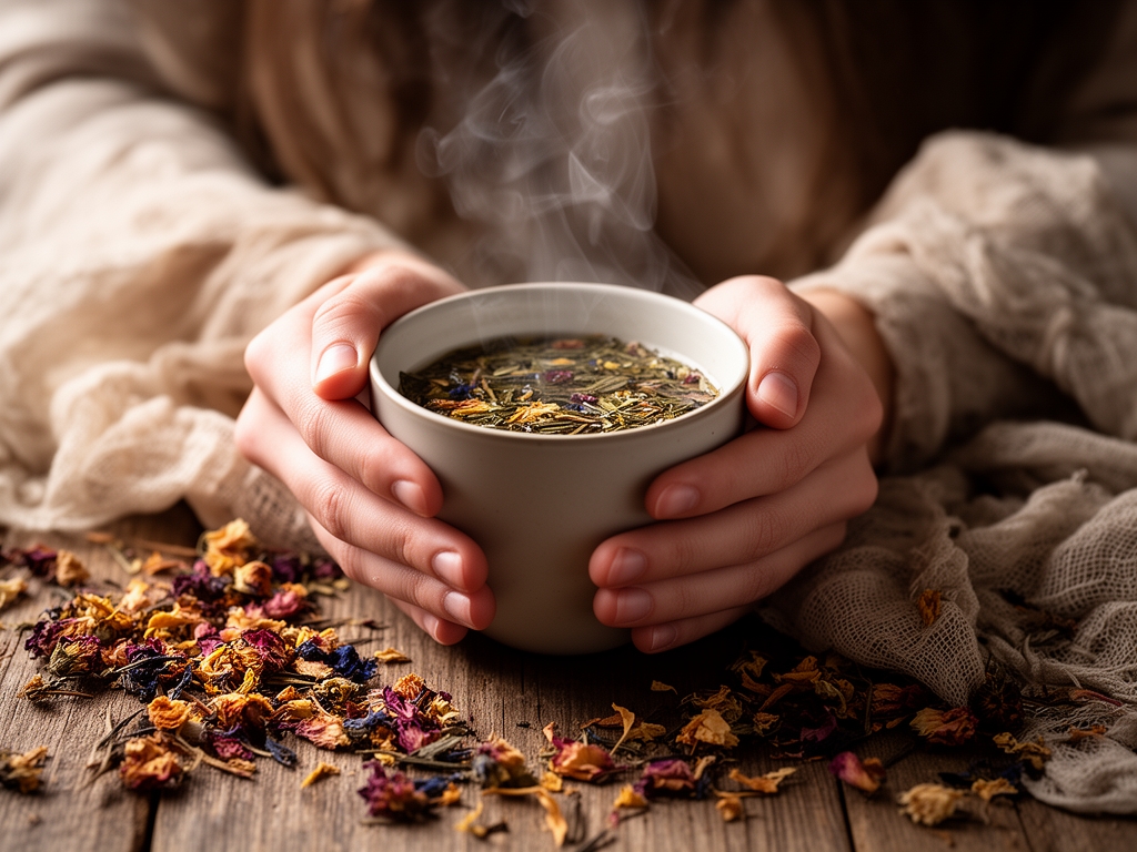 Närbild på händer som håller en varm kopp örtte med ånga, omgivna av torkade blomblad och naturliga tyger på ett träbord i mjukt ljus