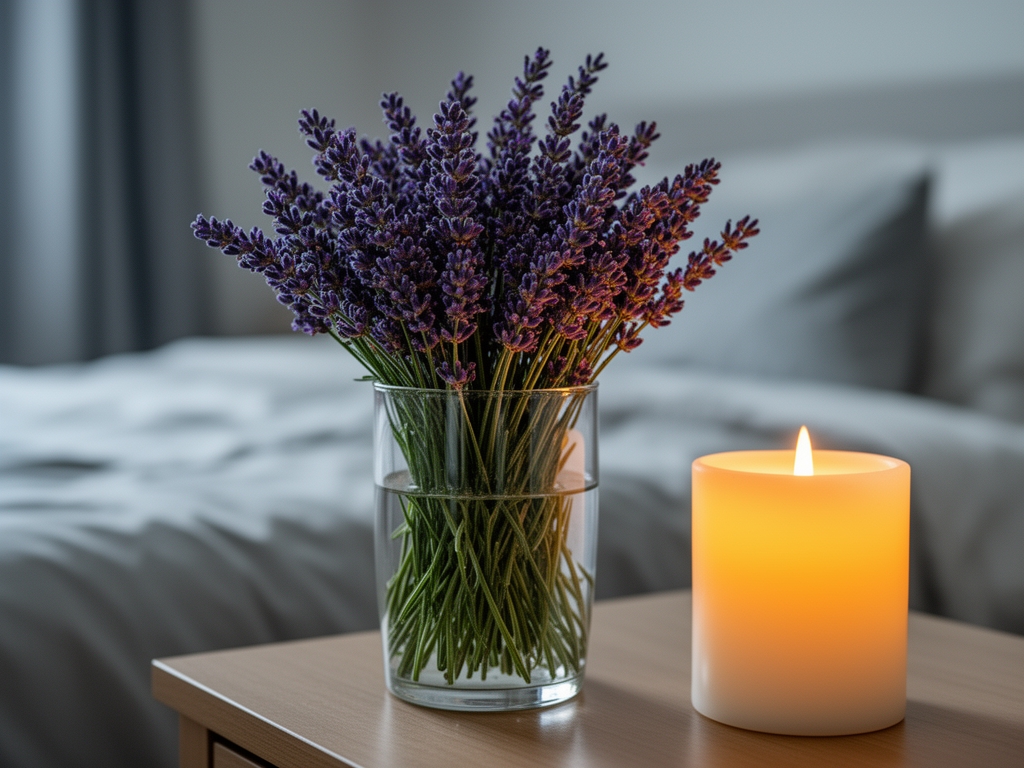 Lavendelbuketter i en glasvas på ett nattduksbord bredvid en tänd lykta med varmt stearinljussken mot en suddig, lugn sovmiljö