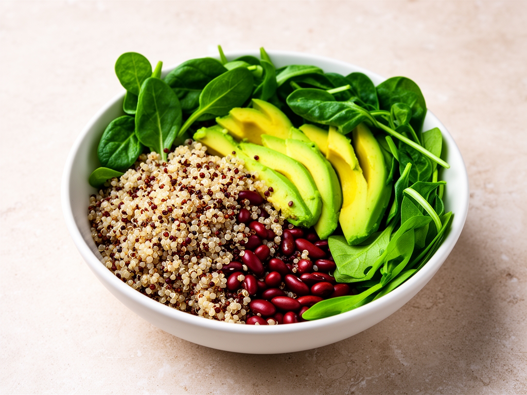 Färgglad salladsskål med quinoa, avokado, röda bönor och gröna blad på ett ljust stenbord — hälsosam modern kost