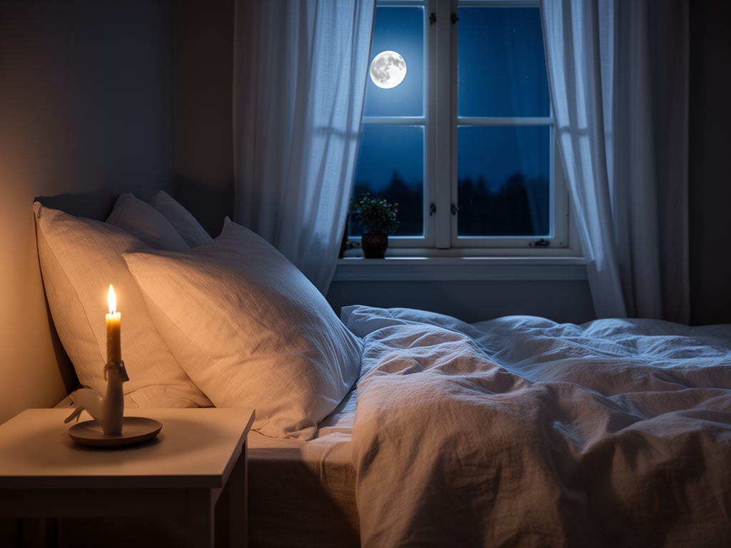 Mysig sovmiljö med vitt linne, ett tänt ljus på nattduvsbordet och månljus som faller in genom ett gardinomrammat fönster